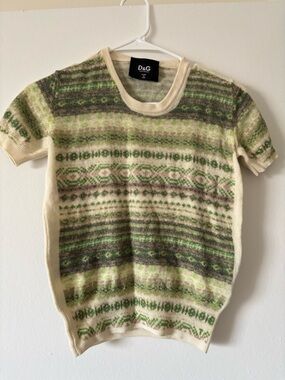 D&G Cream and Green Patterned Men's Crewneck Sweater
